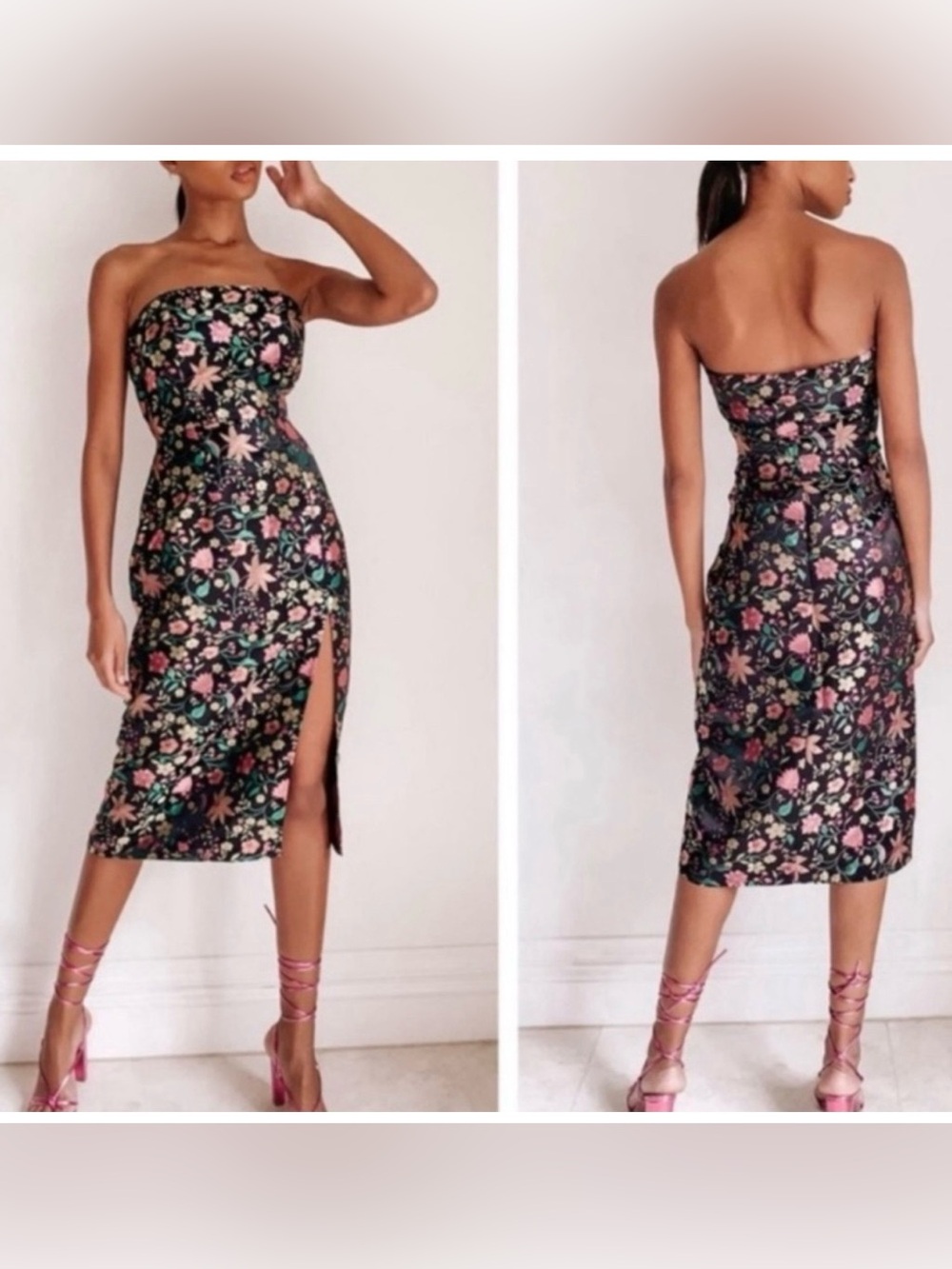 Lulu's Strapless Floral Midi Dress in Black with Pink & Green Accents